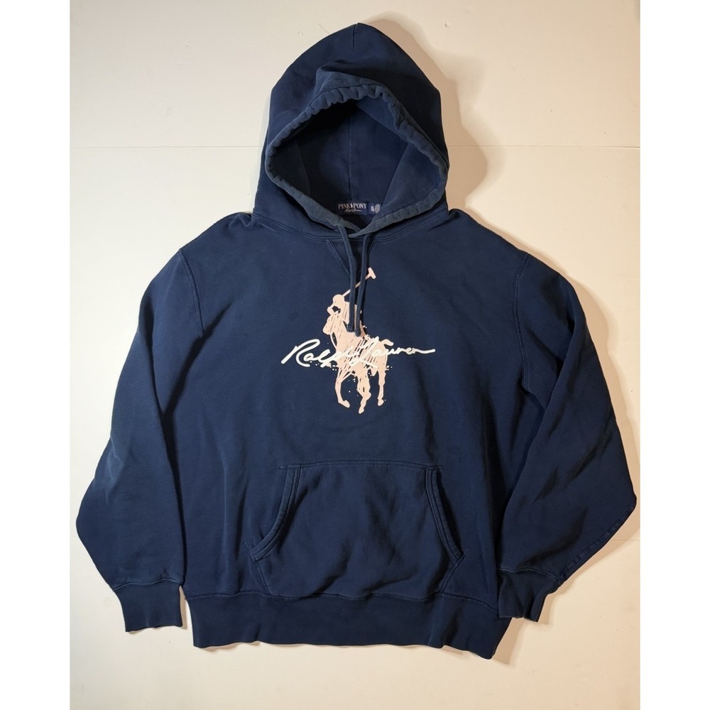 Ralph Lauren Pink Pony Hoodie Mens XL Navy Blue Big Pony Logo Breast